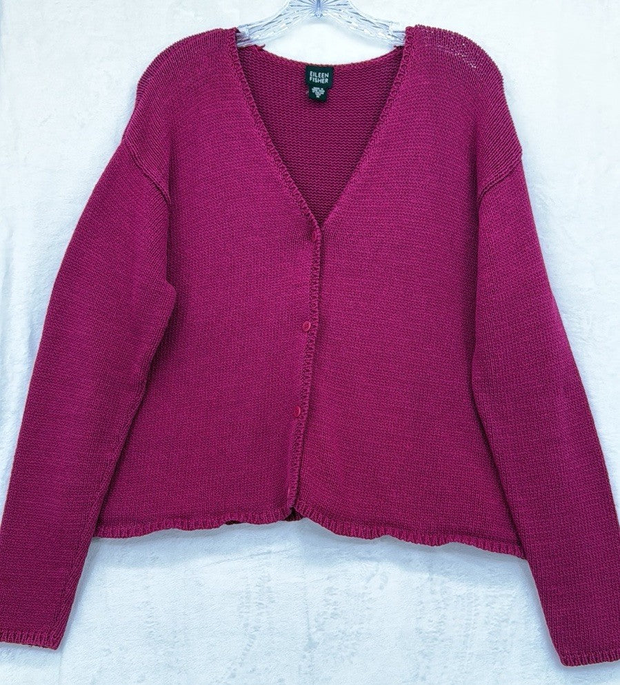 Eileen Fisher Medium Sweater Cotton V Neck Cardigan Raspberry Pink