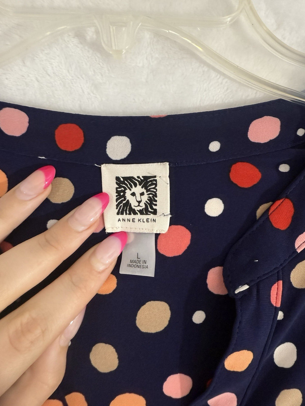 Anne Klein Dress Large Midi Shift Long Sleeve Navy Blue Polka Dot Knit