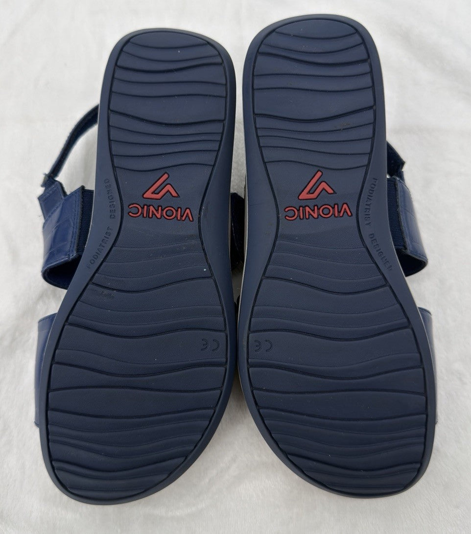 Vionic Womens 7 Roma Backstrap Platform Wedge Sandals Blue Patent Leather Shoes