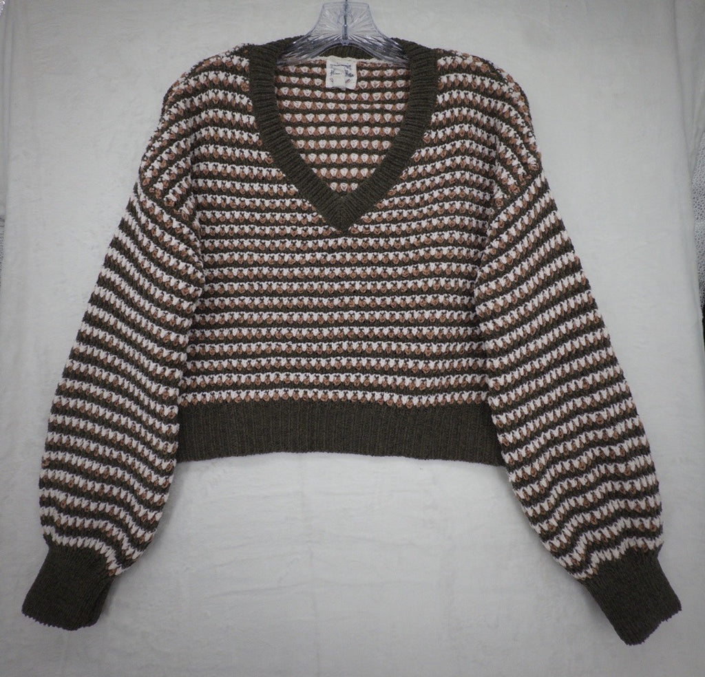 Hippie Rose Sweater Large Crop Long Sleeve V Neck Brown Crochet Pullover Womens
