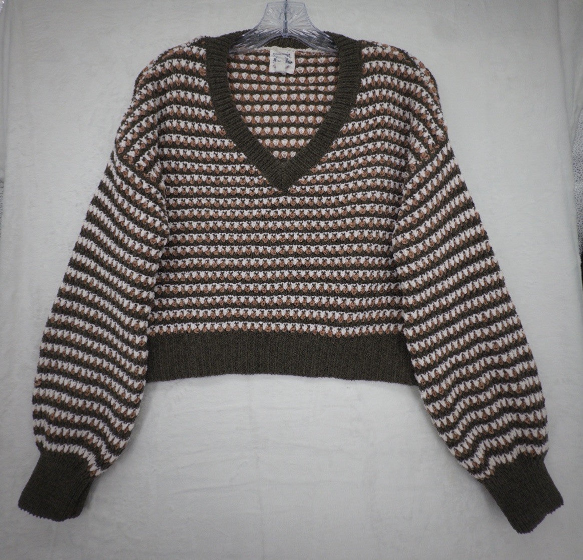 Hippie Rose Sweater Large Crop Long Sleeve V Neck Brown Crochet Pullover Womens