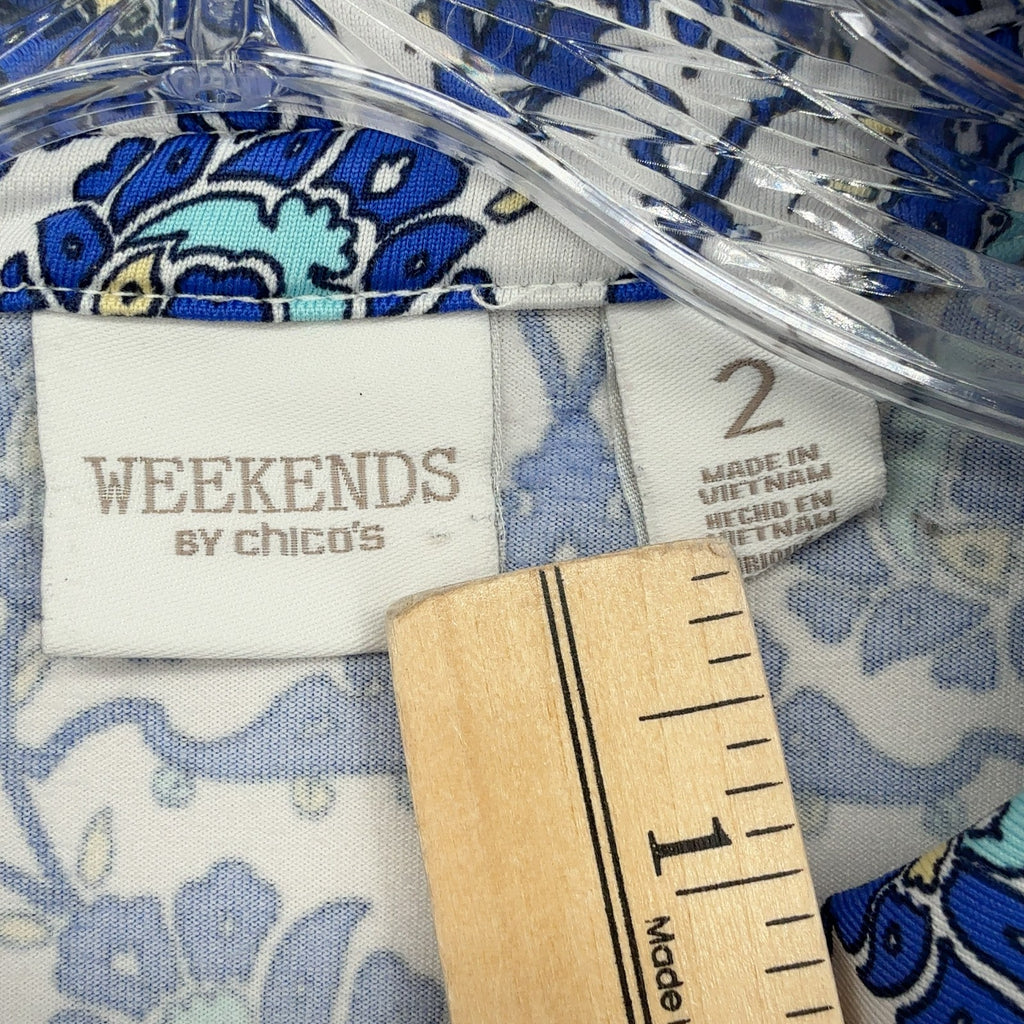 Chicos Weekends Polo Shirt 2 Womens Large Top Short Sleeve Blue Print
