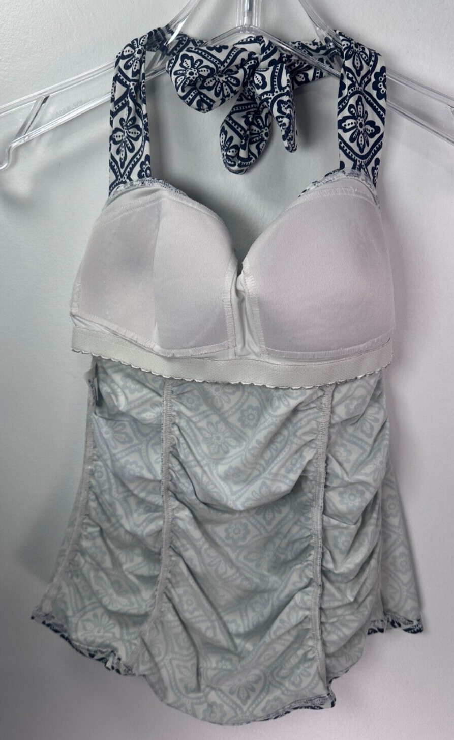 Lands End Swimsuit Top Size 2 Tankini Halter Navy Blue & White Floral Pattern