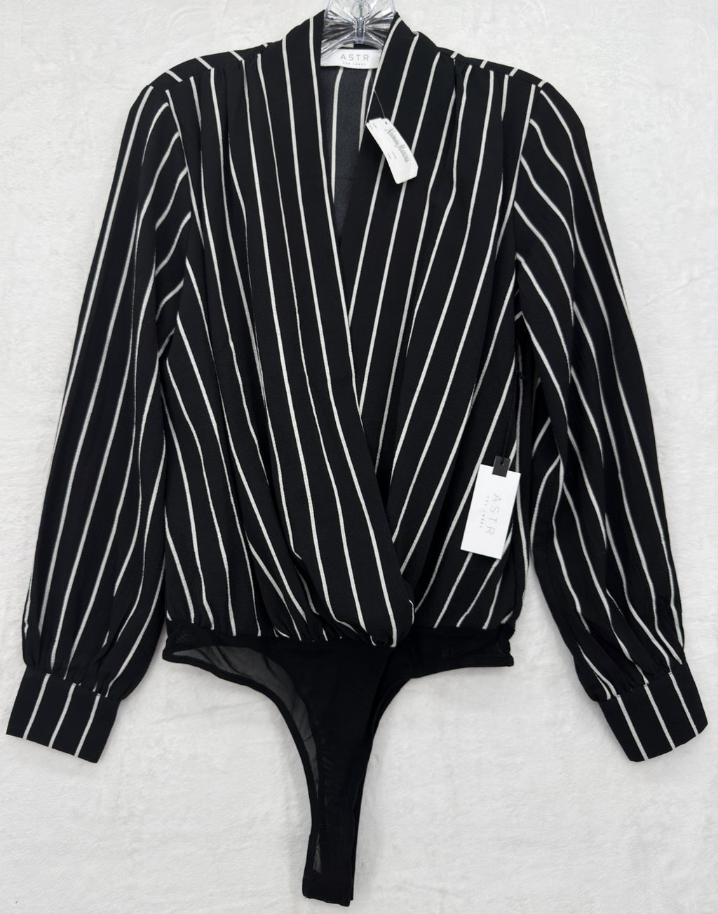 ASTR The Label Top Small Long Sleeve Bodysuit Faux Wrap Black Blouse Women New N