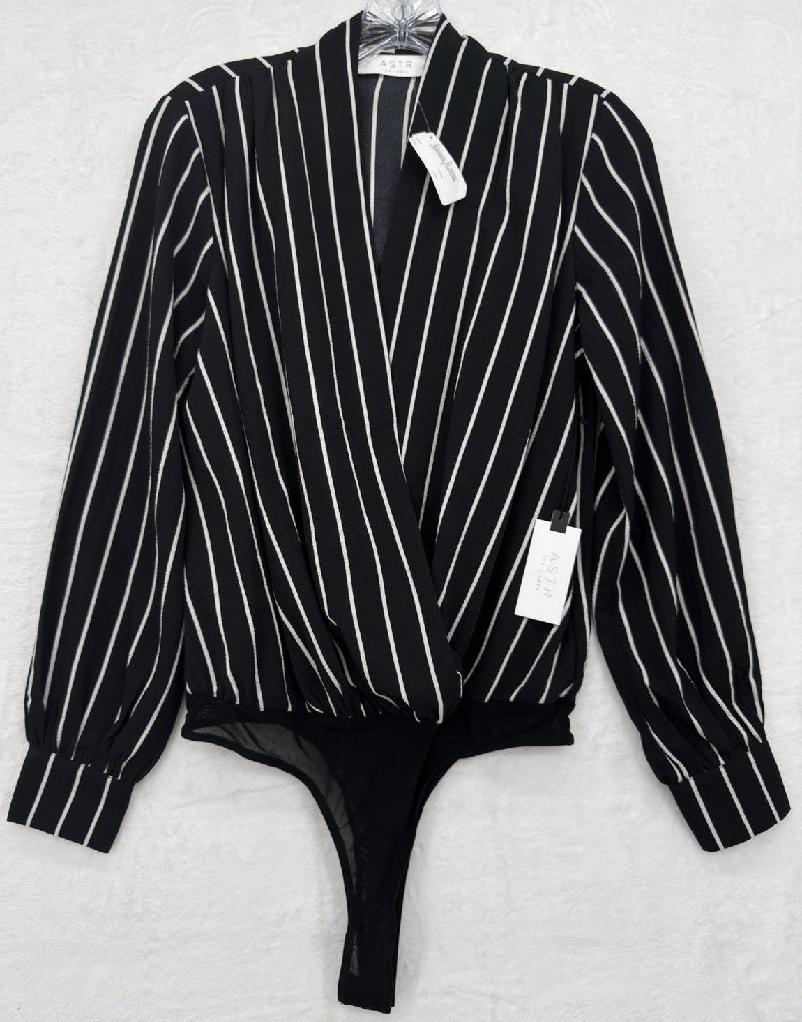 ASTR The Label Top Small Long Sleeve Bodysuit Faux Wrap Black Blouse Women New N