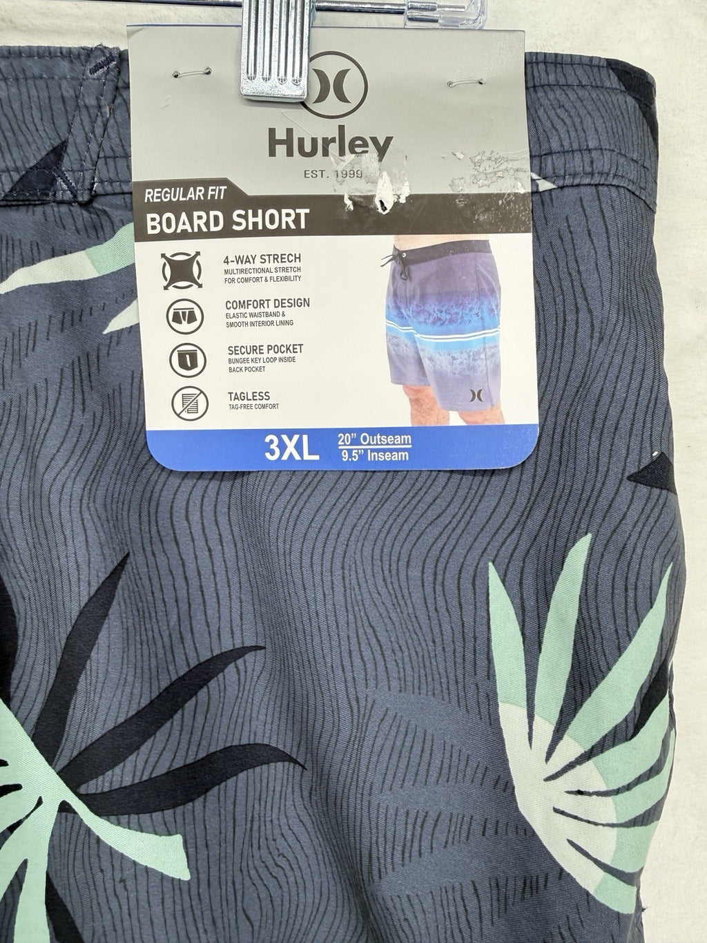 Hurley Board Shorts 3XL Mens Blue Leaf Print Unlined Pockets Swim Trunks 9” NWT