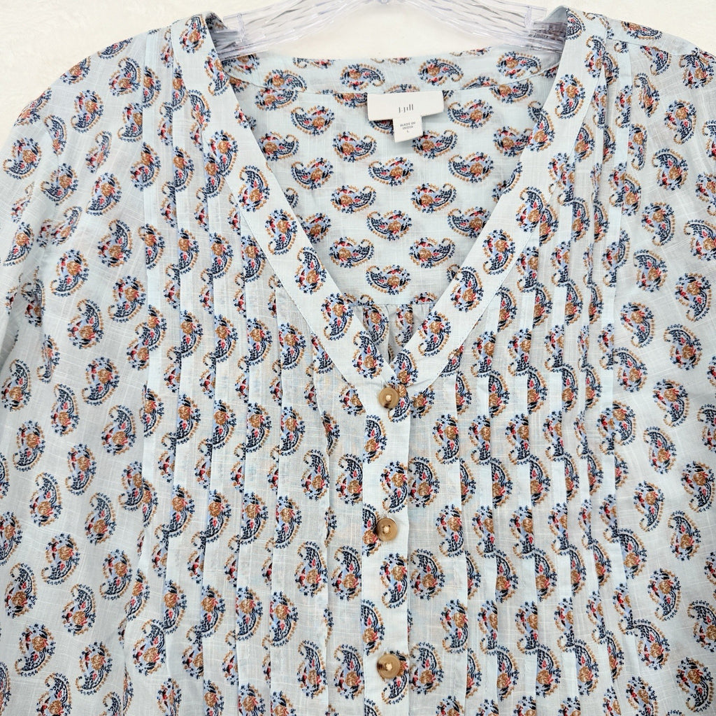 J Jill Top Large Blue Floral Madeira Pintuck Blouse 100% Cotton 3/4 Sleeve Women