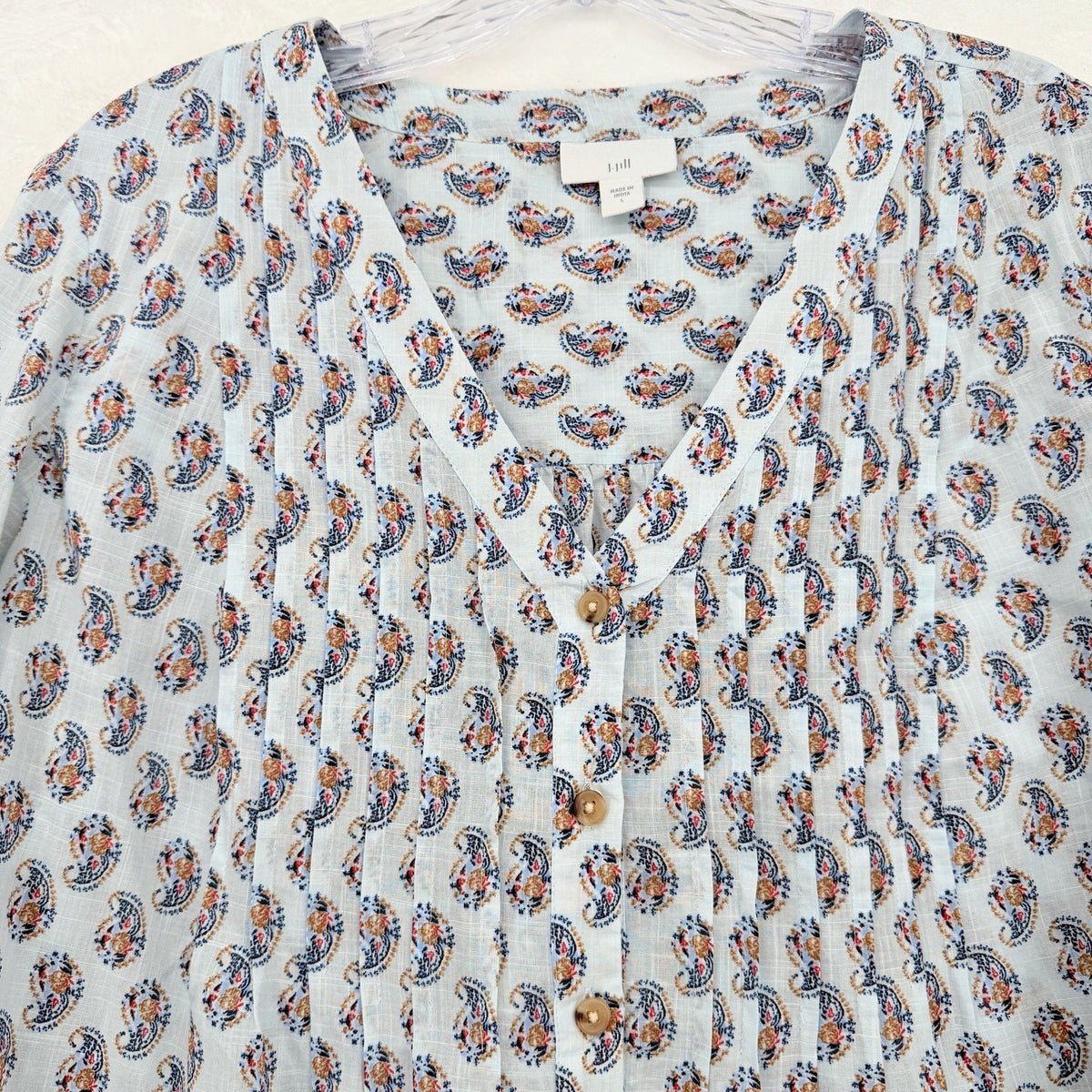 J Jill Top Large Blue Floral Madeira Pintuck Blouse 100% Cotton 3/4 Sleeve Women