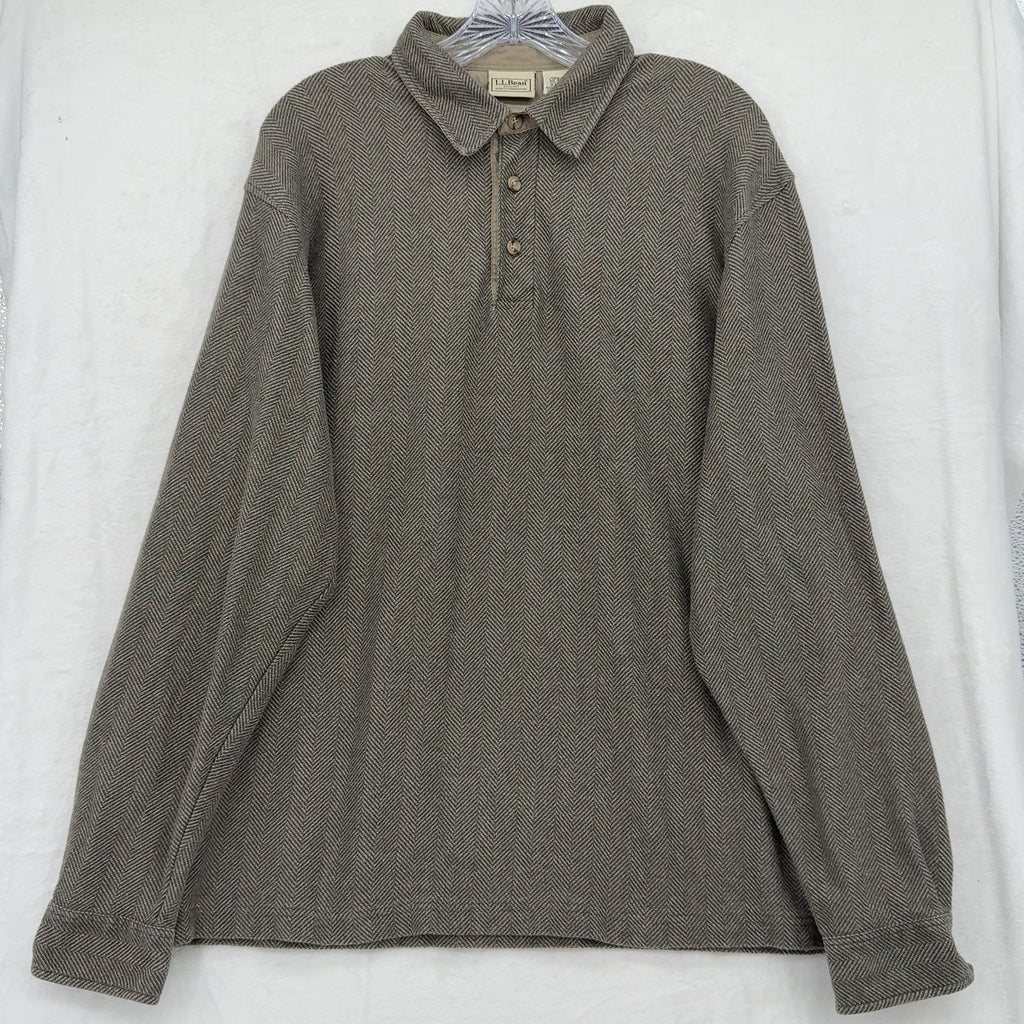 LL Bean Long Sleeve Polo Shirt Large Mens Brown Pullover Herringbone