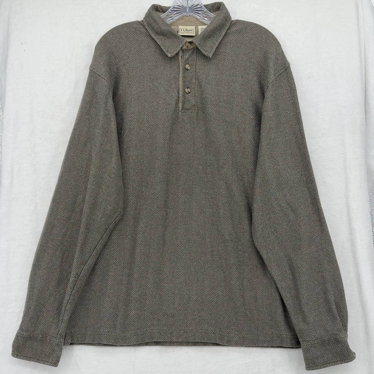 LL Bean Long Sleeve Polo Shirt Large Mens Brown Pullover Herringbone