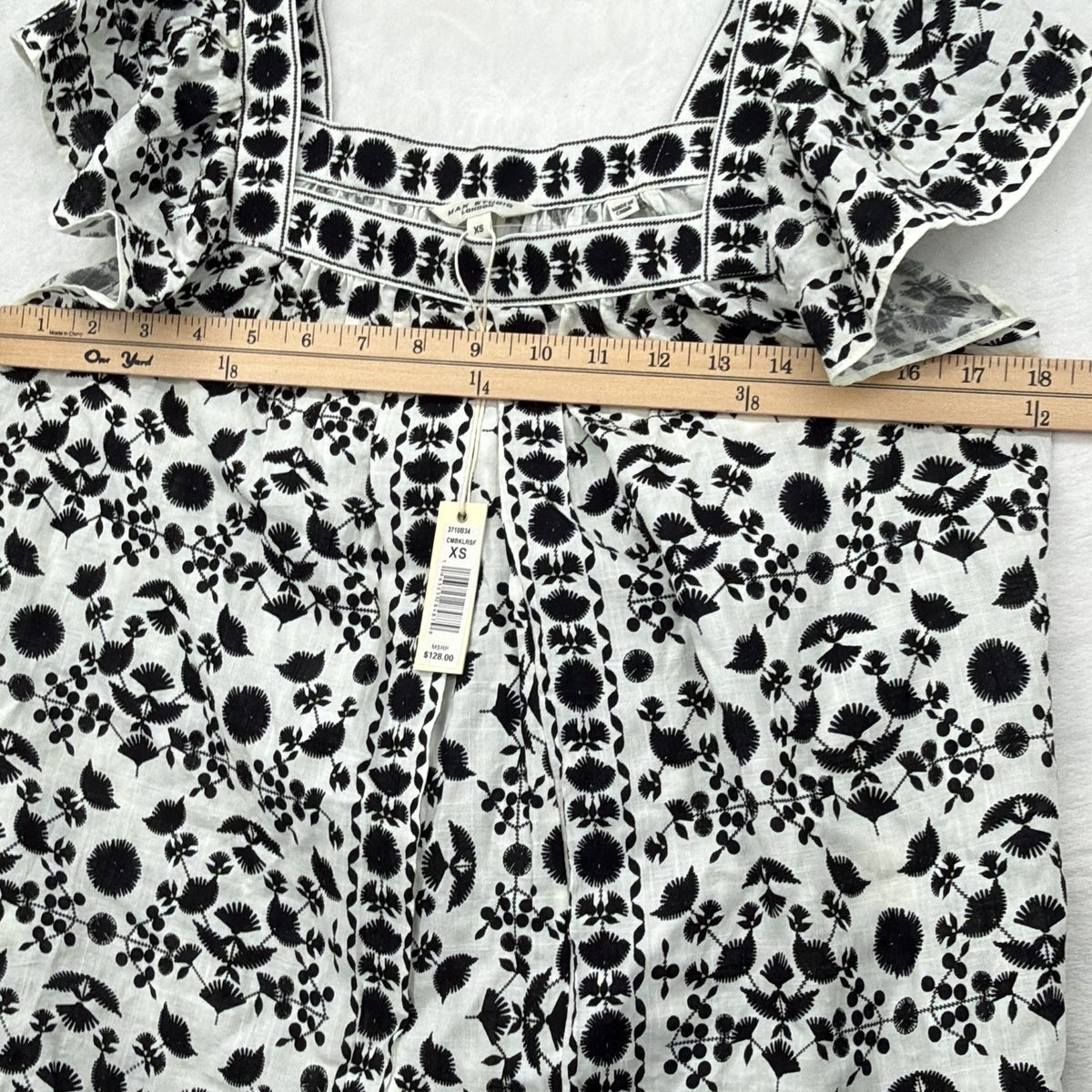 Max Studio London Top XS Flutter Sleeve White Black Floral Embroidered New NWT