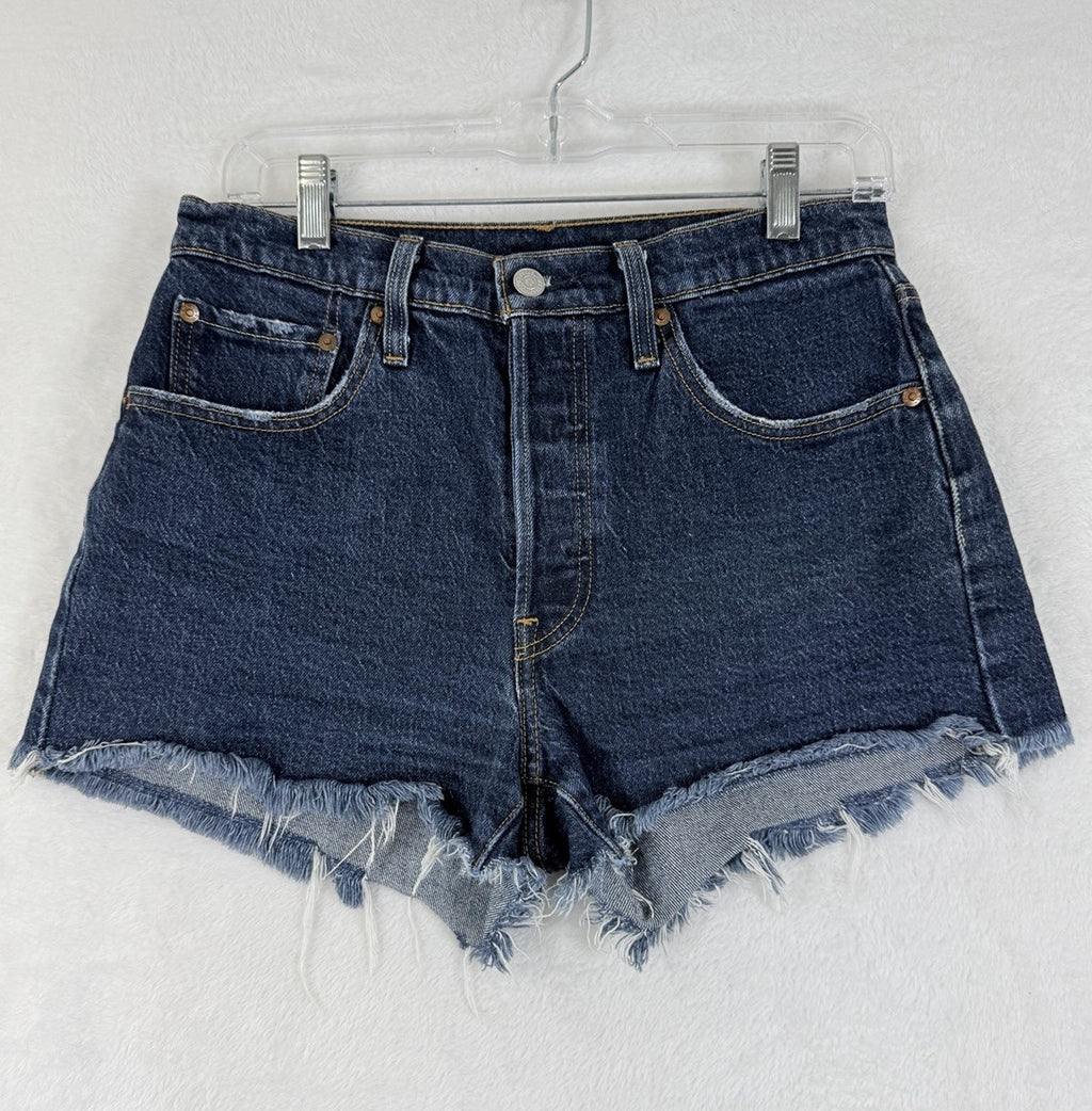 Levis 501 Jean Shorts Women 27 Button Fly Fringe 3” Blue Denim Premium Jeans