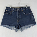 Levis 501 Jean Shorts Women 27 Button Fly Fringe 3” Blue Denim Premium Jeans