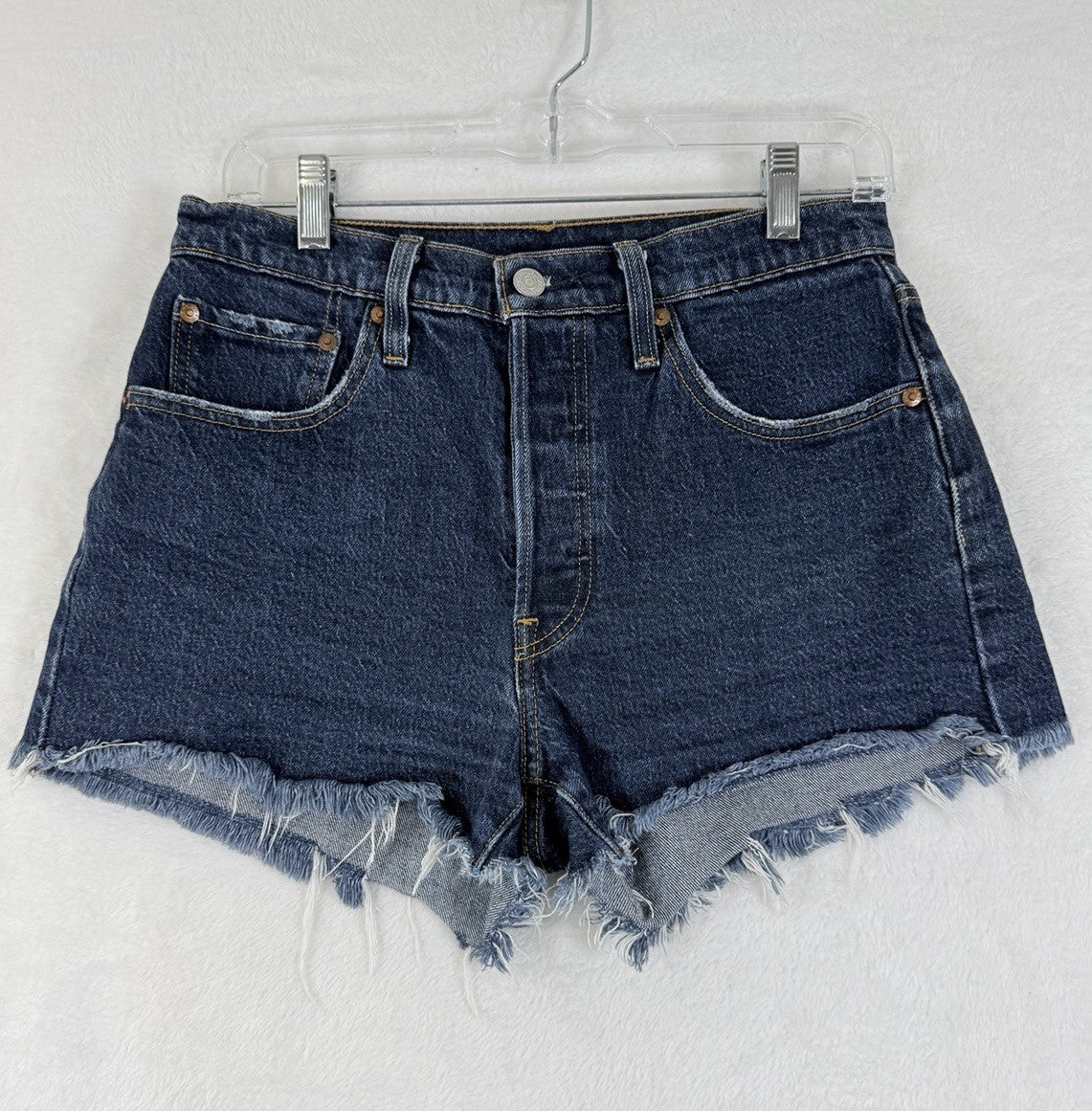 Levis 501 Jean Shorts Women 27 Button Fly Fringe 3” Blue Denim Premium Jeans