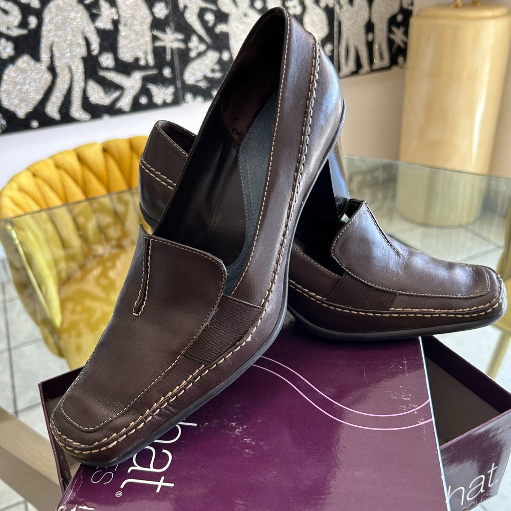 Aerosoles Women's 11 Brown Leather Block Heels Loafers Shoes Square Toe