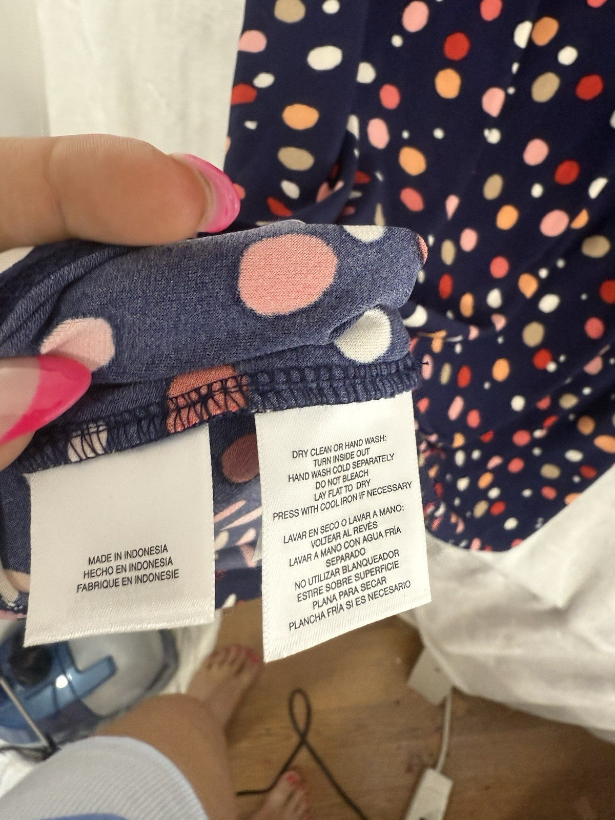 Anne Klein Dress Large Midi Shift Long Sleeve Navy Blue Polka Dot Knit