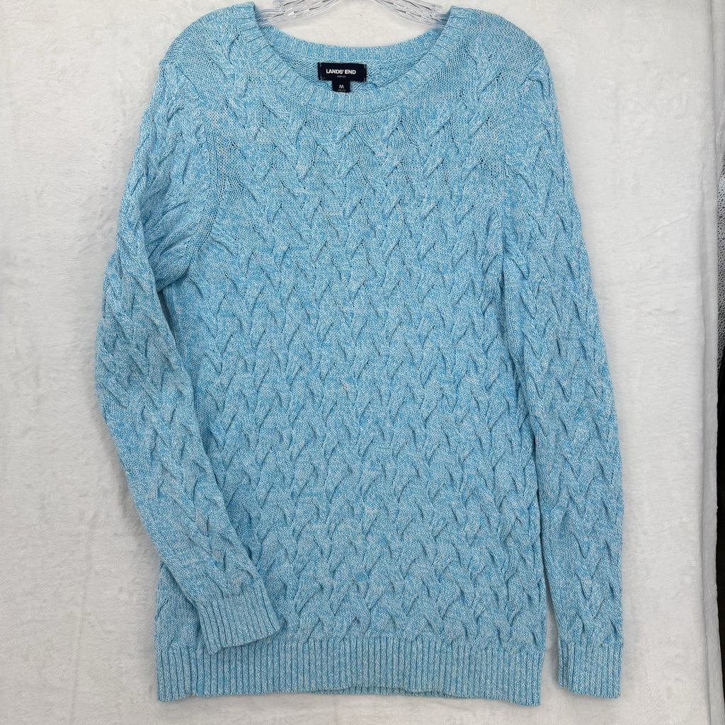 Lands End Cable Knit Drifter Sweater Medium Womens Aqua Blue 100% Cotton Tops