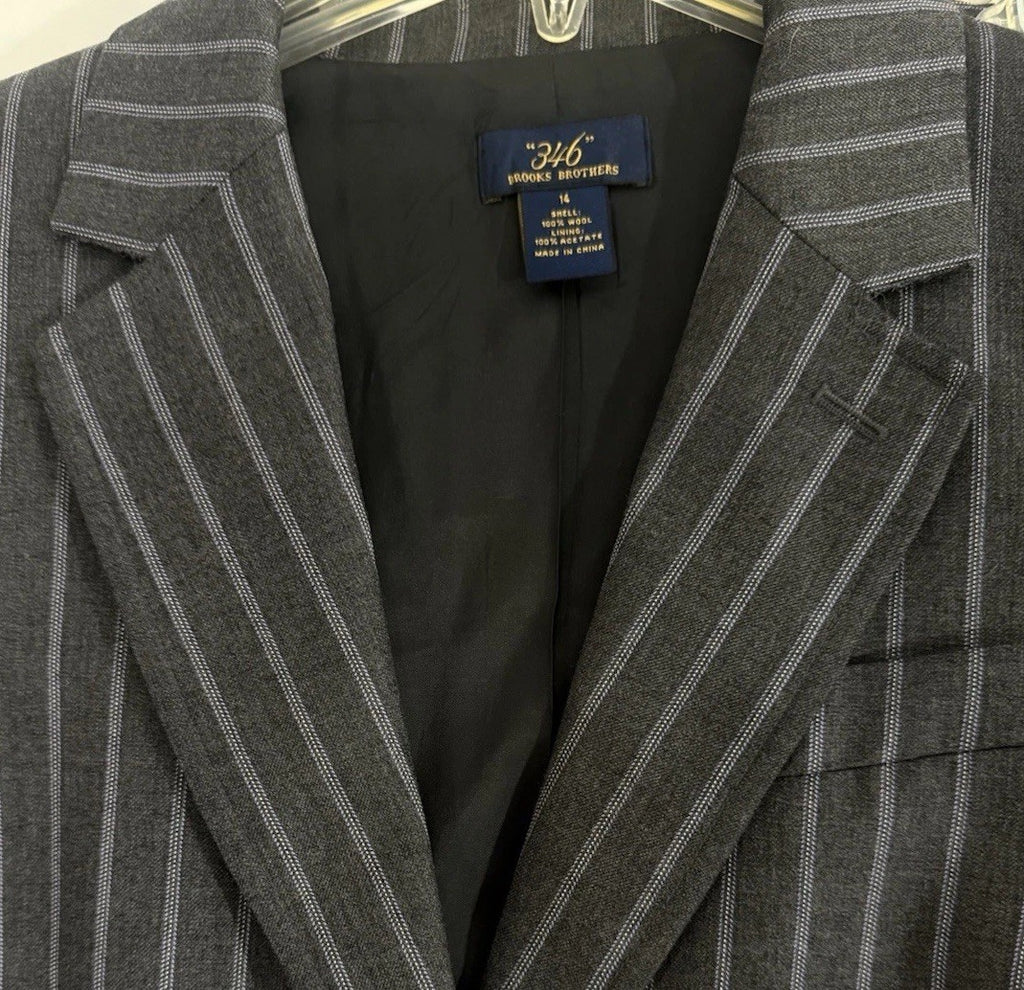 Brooks Brothers 346 Blazer 14 Womens Jacket Gray Pinstriped 100% Wool 2 Button