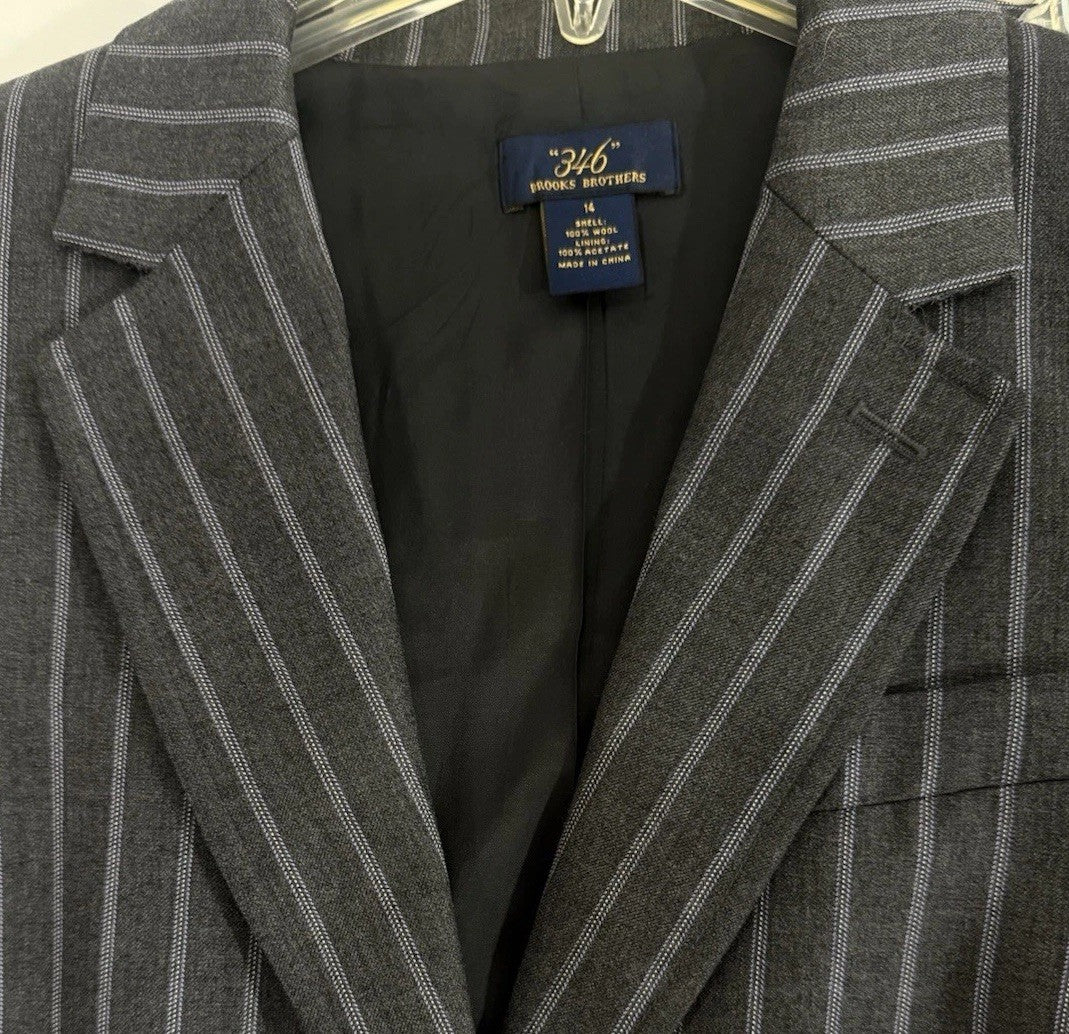 Brooks Brothers 346 Blazer 14 Womens Jacket Gray Pinstriped 100% Wool 2 Button