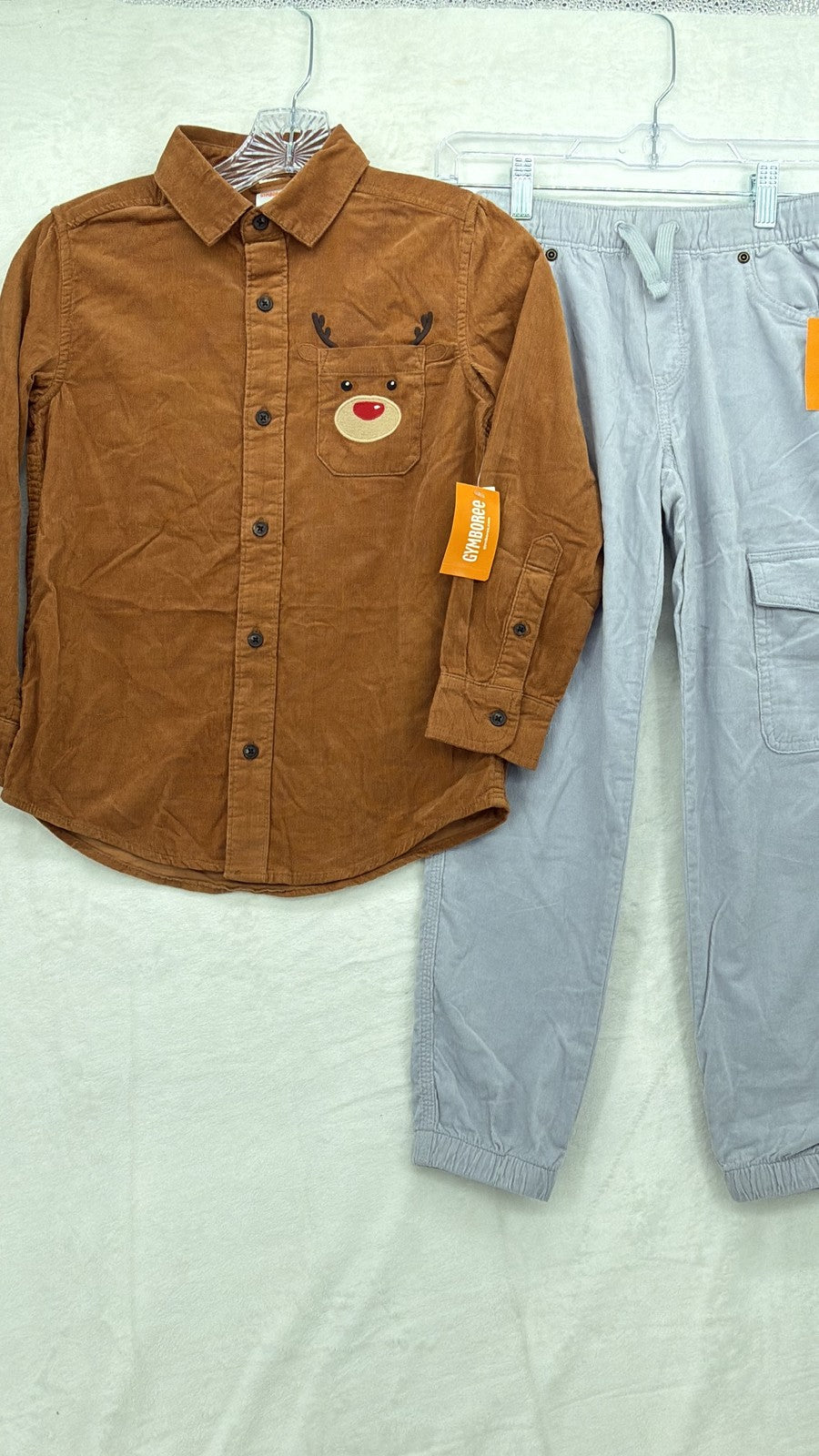 Gymboree Boys 8 Corduroy Reindeer Shirt Gray Cargo Jogger Pants Christmas New