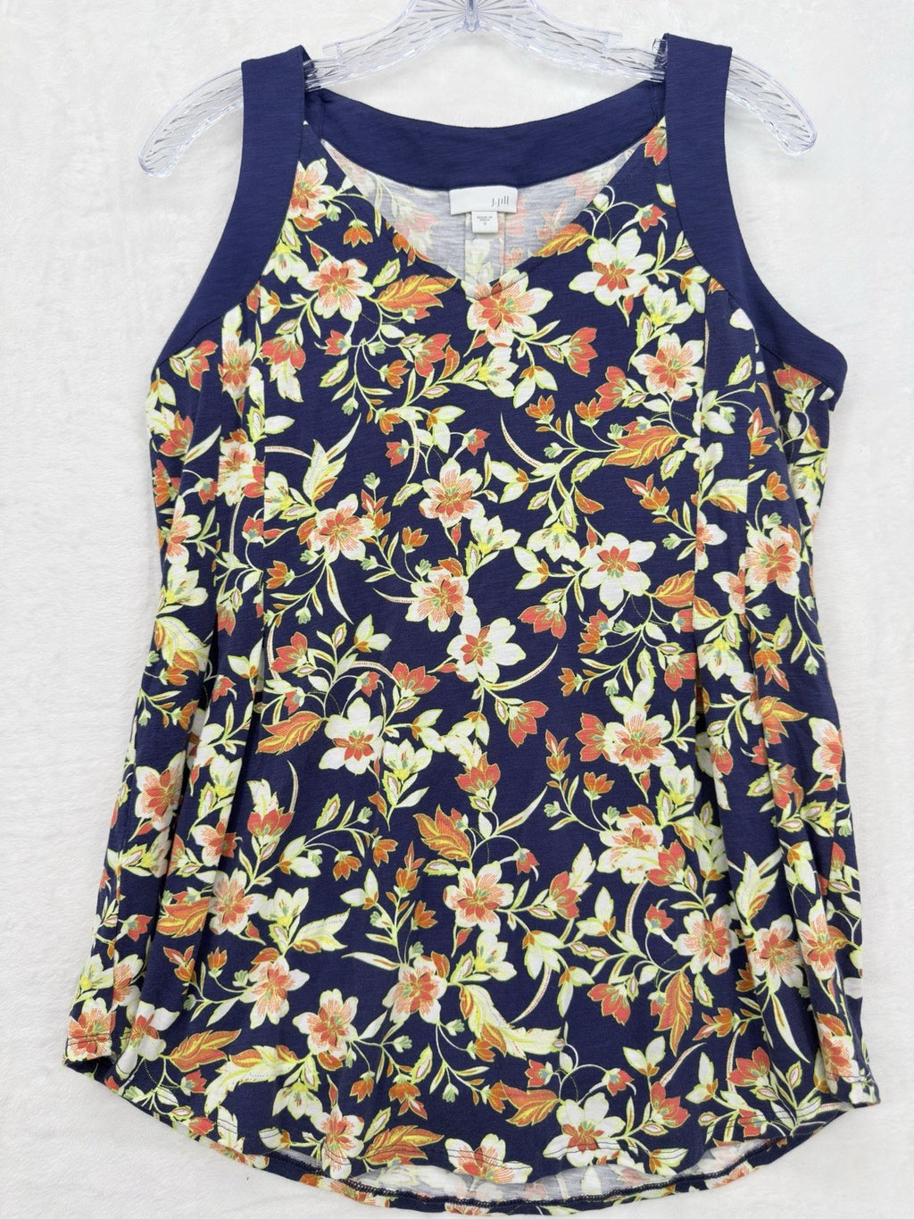 J Jill Top Small Knit Blue Floral Sleeveless V Neck Cotton Modal Stretch Womens