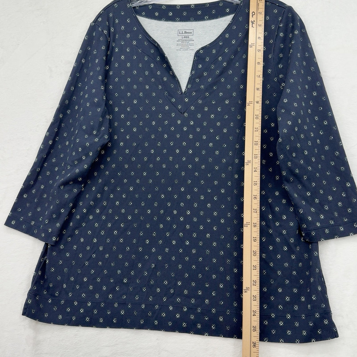 L.L.Bean Split Neck Tunic Top Large Womens Navy Supima Cotton 3/4 Sleeve Knit