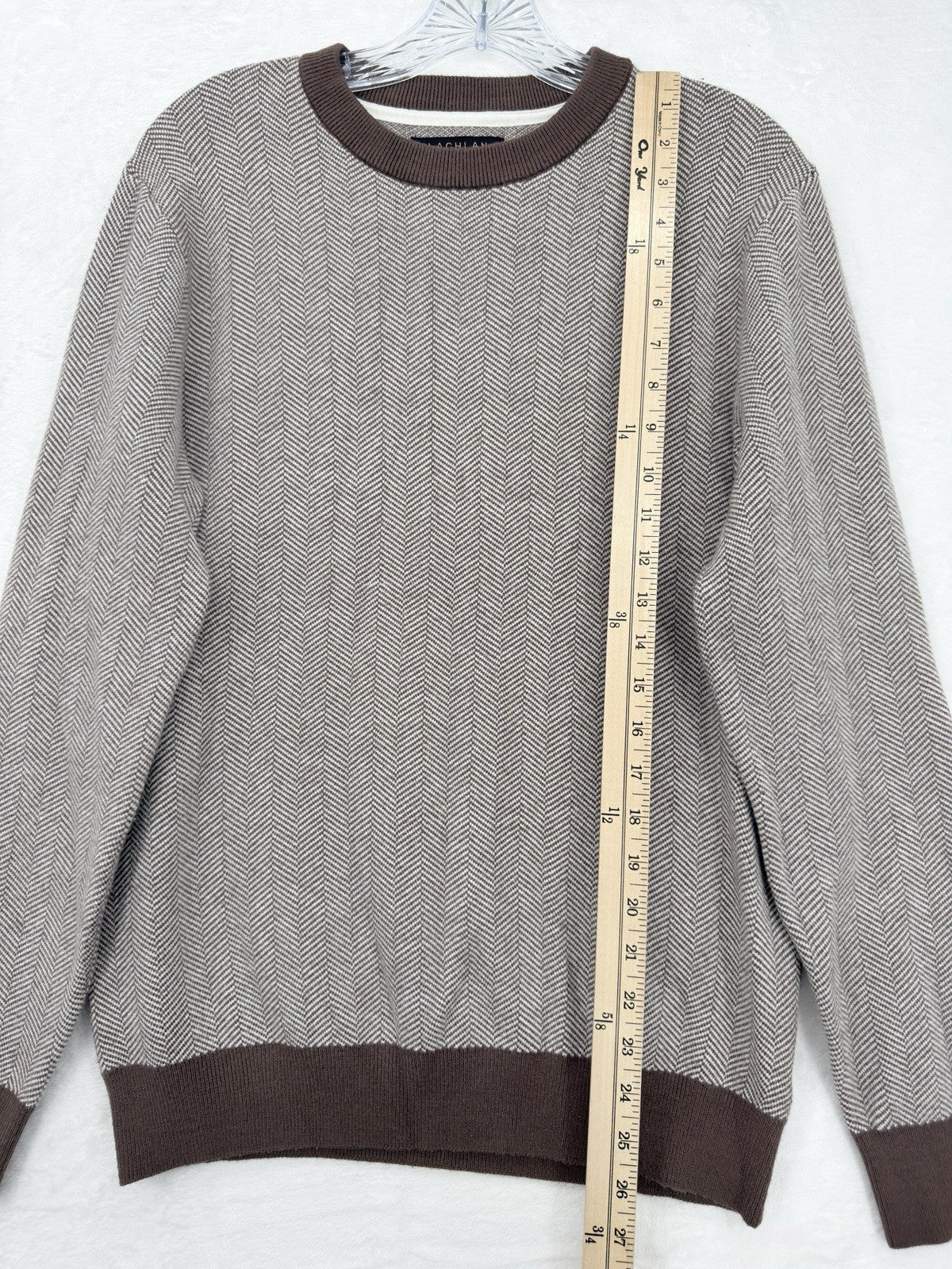 Lachlan Sweater Medium Mens Crew Neck Brown Herringbone Knit Pullover Preppy