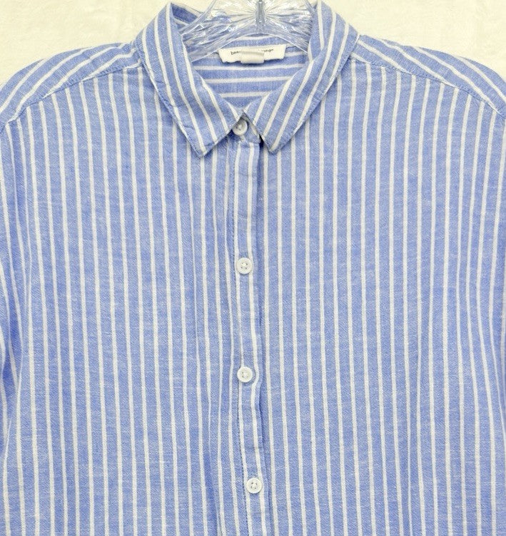 Beach Lunch Lounge Top Small Women Blue Linen Blend Short Sleeve Button Up Shirt
