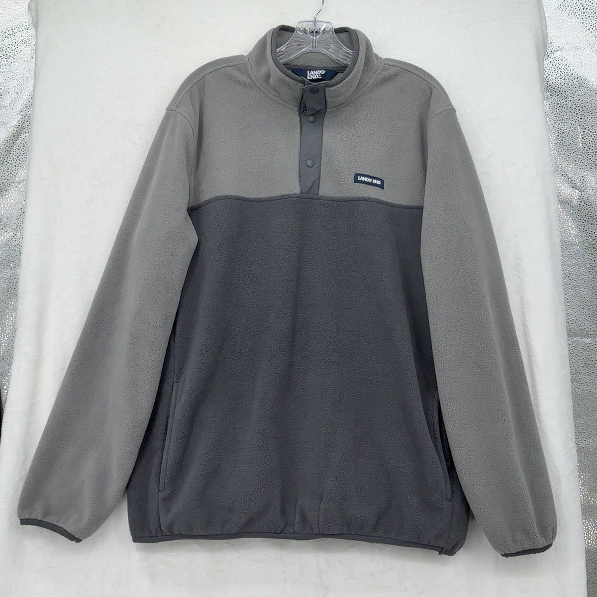 Lands End Fleece Snap Pullover Large Mens Gray