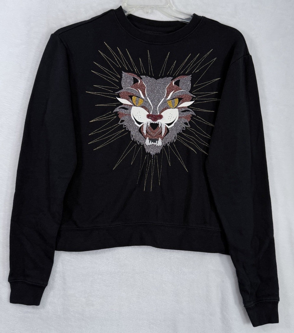 Aeropostale Top Small Womens Black Tiger Sweatshirt Embroidered Embellished