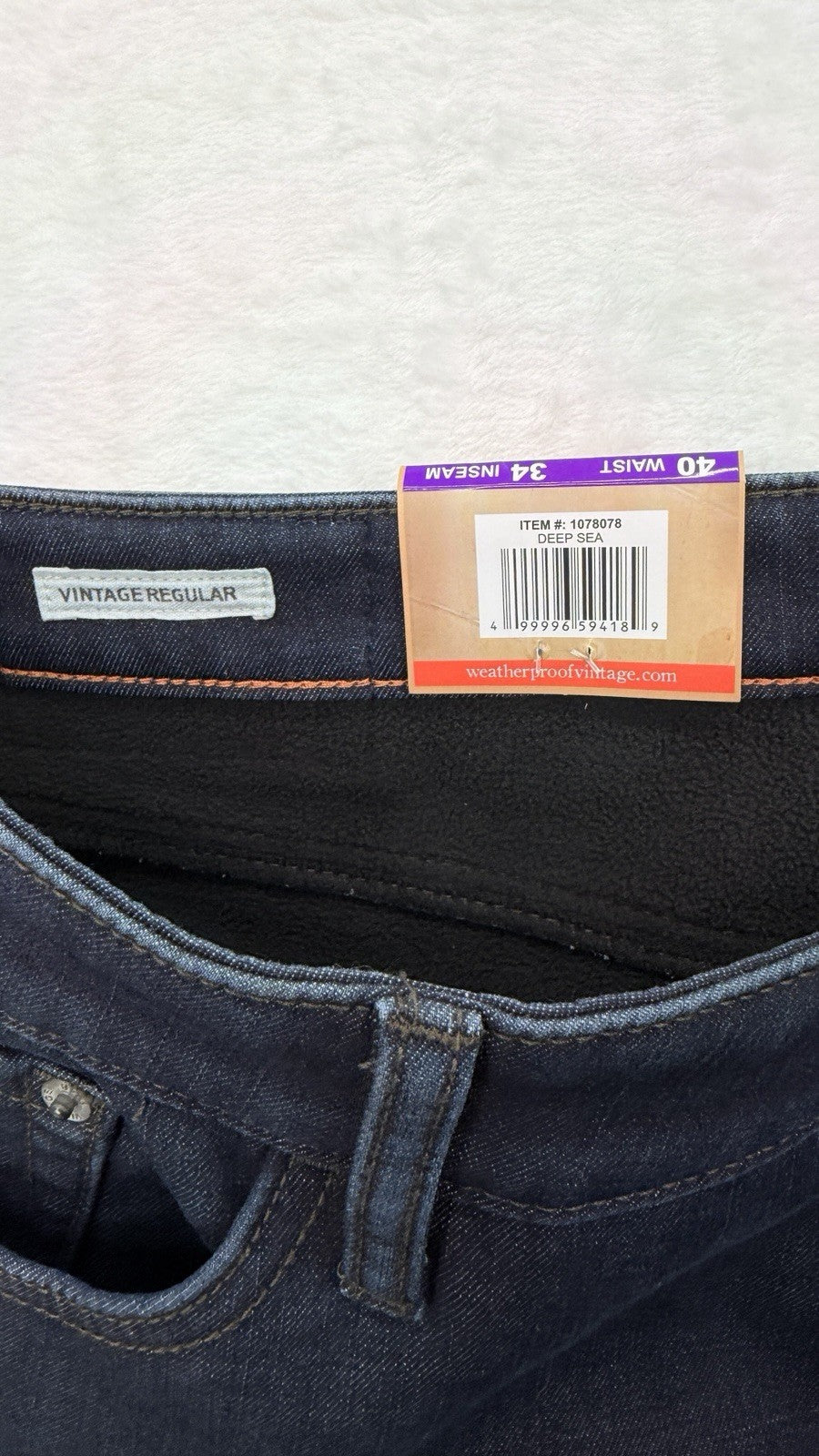 Weatherproof Vintage Fleece Lined Jeans 40x34 Men’s Dark Blue Straight Leg New