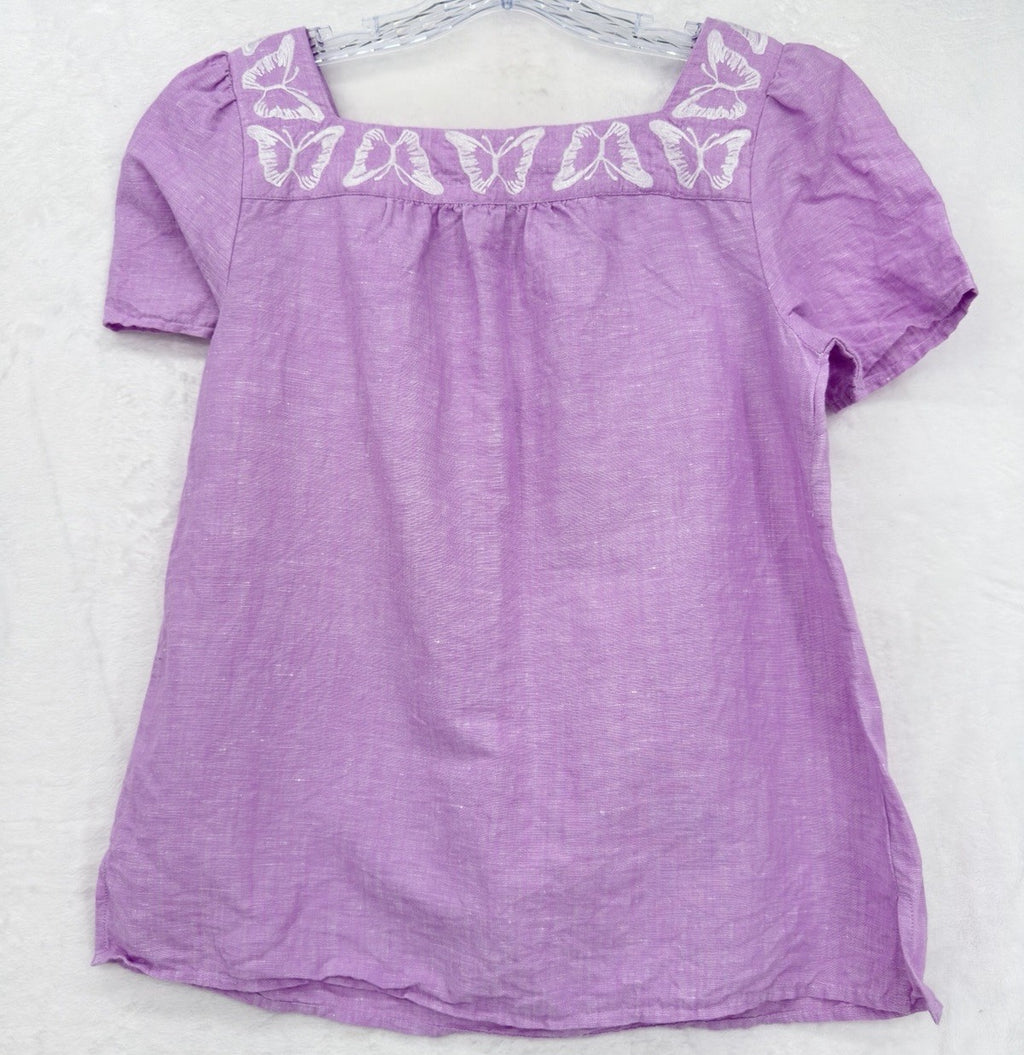 Talbots Top Small Linen Cotton Butterfly Embroidered Square Neck Purple Womens