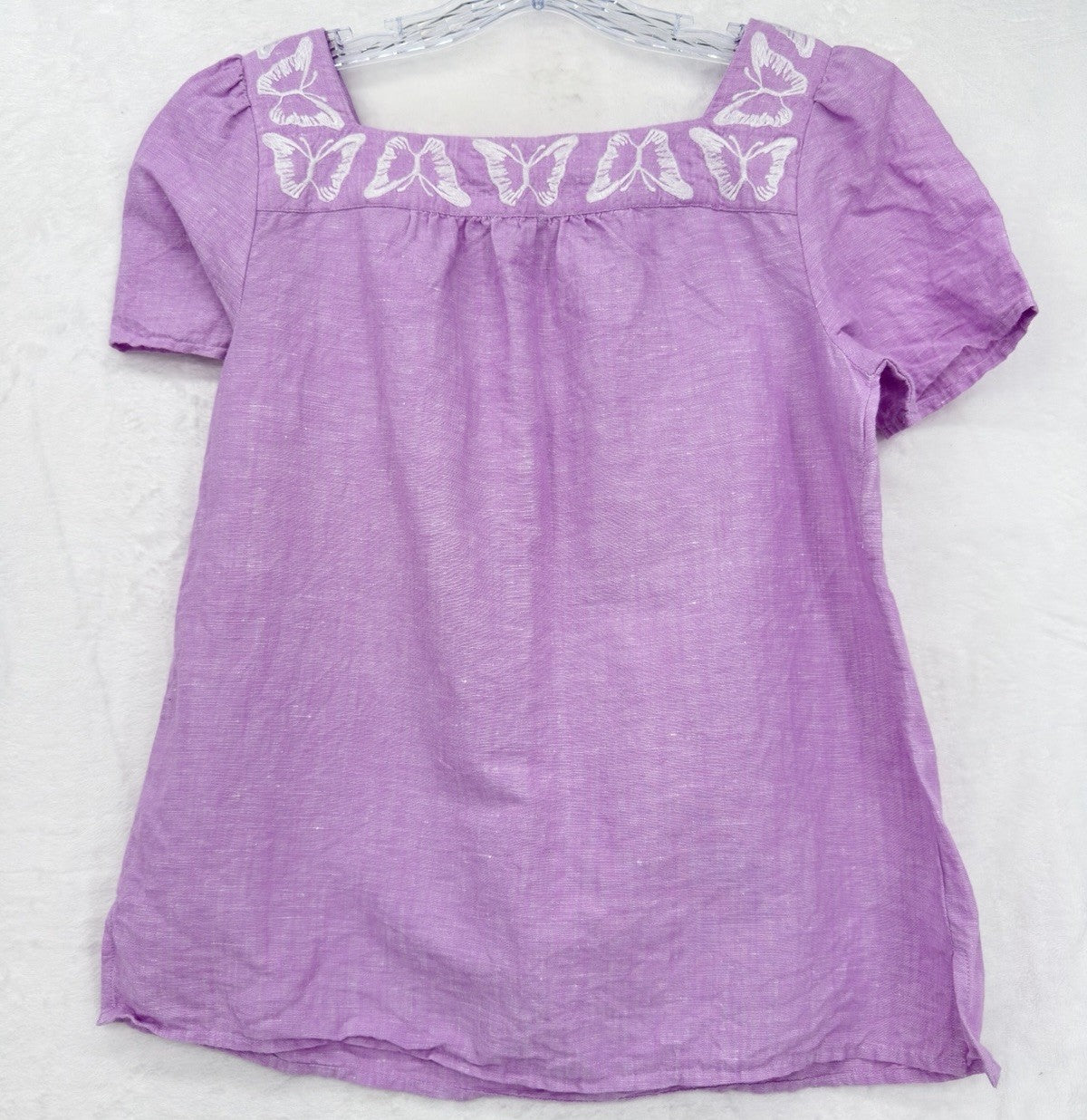Talbots Top Small Linen Cotton Butterfly Embroidered Square Neck Purple Womens