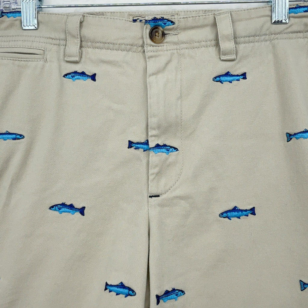 LL Bean Chino Trout Shorts 36 Mens Khaki Embroidered Fish Beige Classic Fit 9”