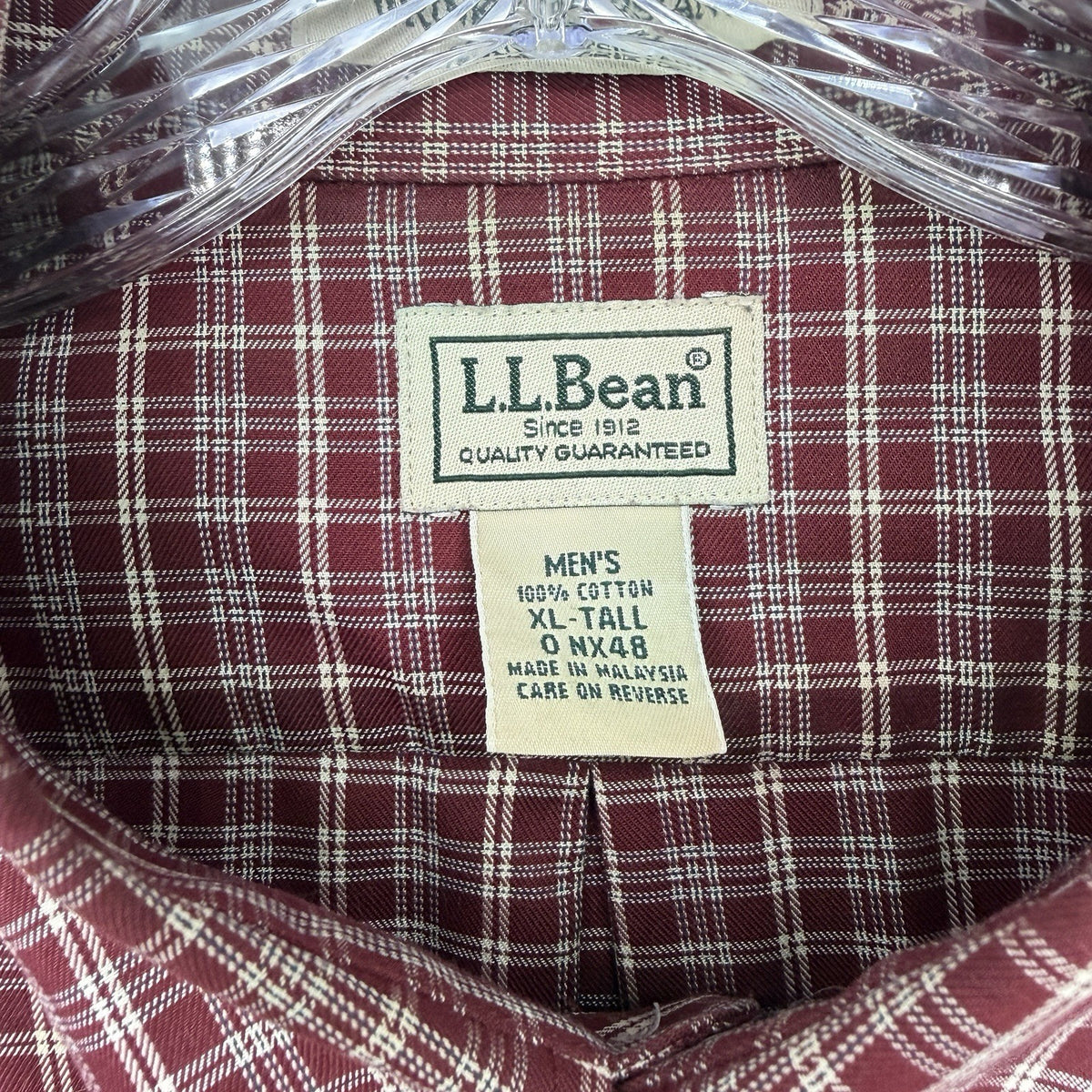 LL Bean Shirt Men XL Tall Short Sleeve Button Down Burgundy Plaid 100% Cotton
