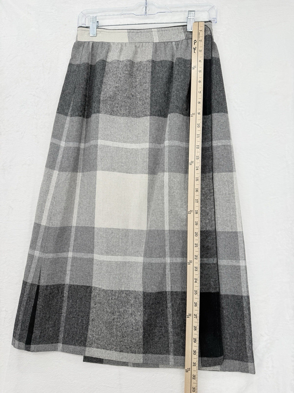 Vintage Wool Wrap Skirt Small Midi Gray Plaid Check Made In USA Dark Academia