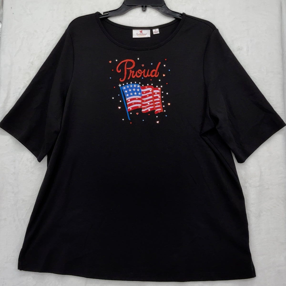 Quacker Factory XL American Flag Proud Womens Black Short Sleeve Sequined