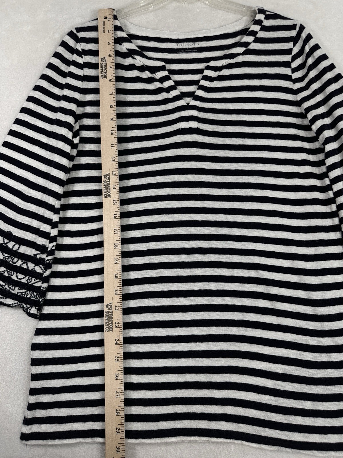 Talbots Medium Tunic Top Cotton Embroidered Black White Striped 3/4 Sleeve Women