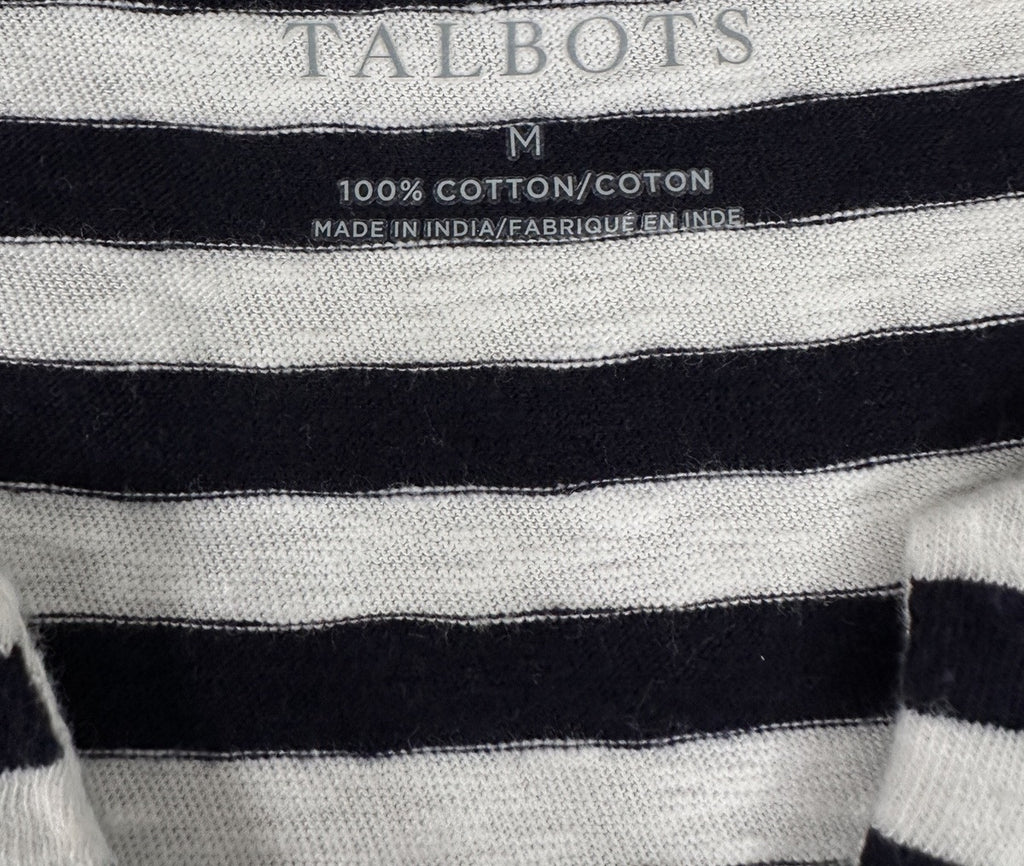 Talbots Medium Tunic Top Cotton Embroidered Black White Striped 3/4 Sleeve Women