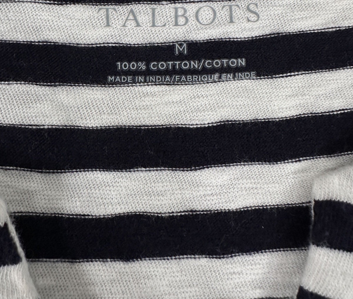 Talbots Medium Tunic Top Cotton Embroidered Black White Striped 3/4 Sleeve Women