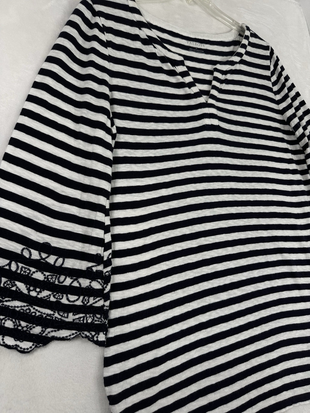 Talbots Medium Tunic Top Cotton Embroidered Black White Striped 3/4 Sleeve Women