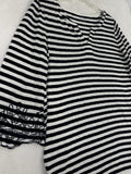 Talbots Medium Tunic Top Cotton Embroidered Black White Striped 3/4 Sleeve Women