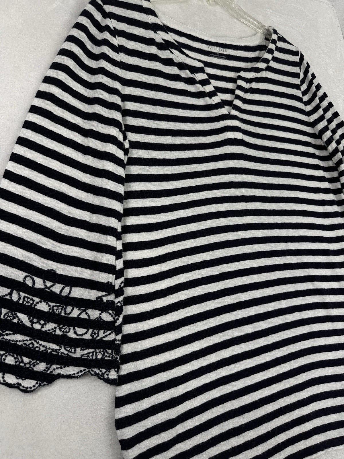 Talbots Medium Tunic Top Cotton Embroidered Black White Striped 3/4 Sleeve Women