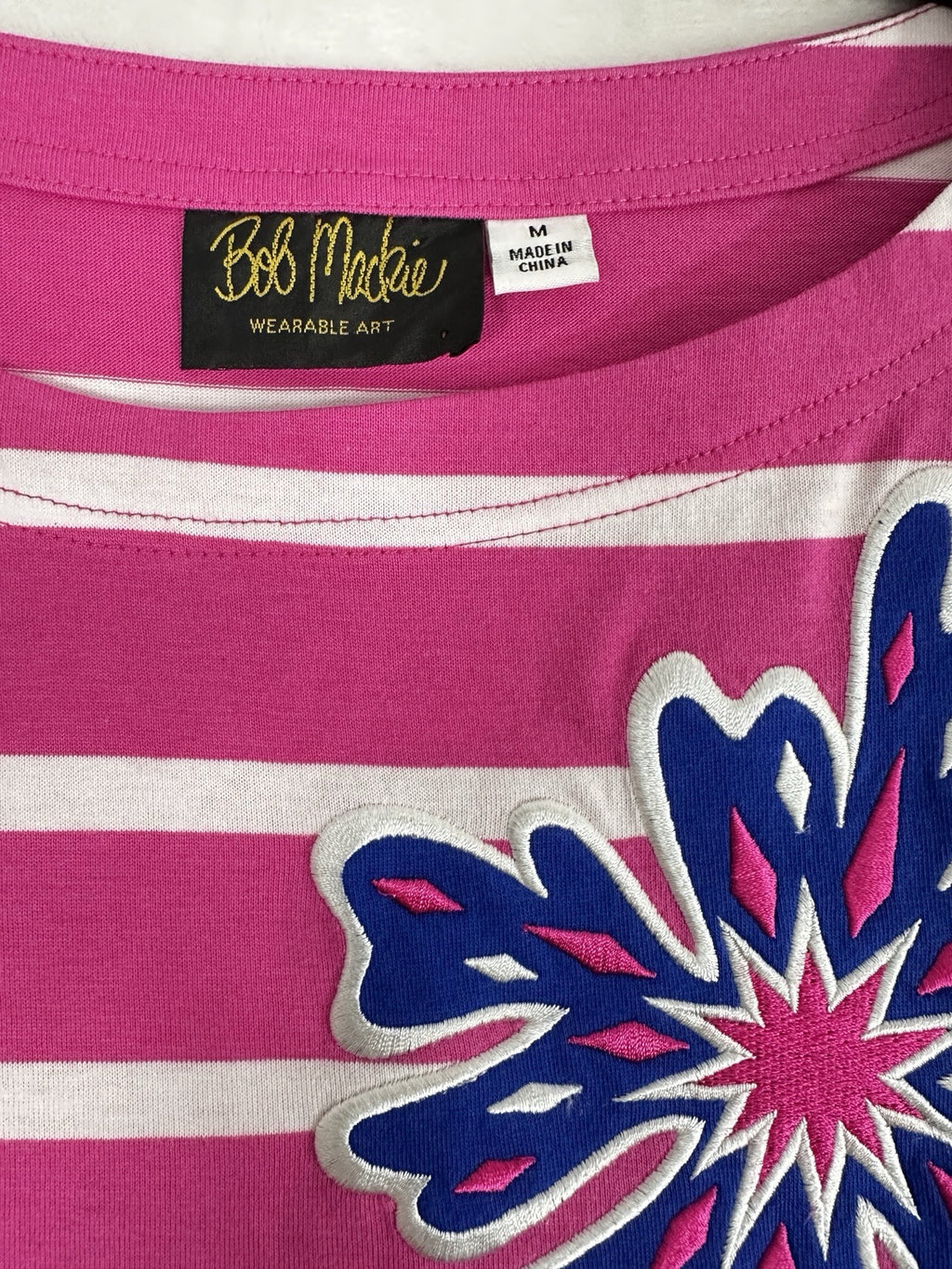 Bob Mackie Wearable Art Medium Top Pink Striped Embroidered 3/4 Sleeve Knit