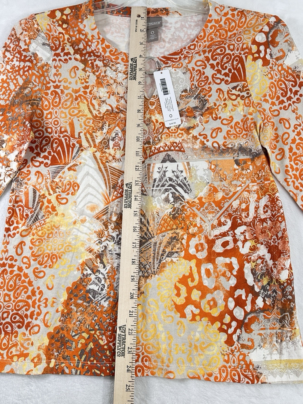 Chicos Top 0 Small 3/4 Sleeve Keyhole Orange Print Cotton Modal Womens NWT