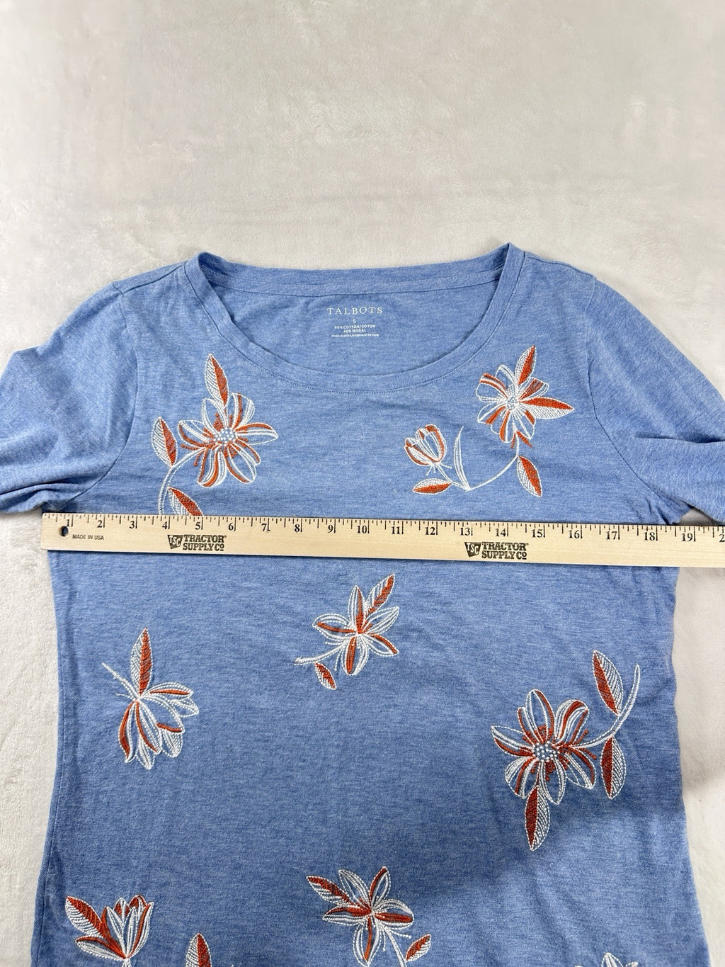 Talbots Small Top Cotton Modal Blue Embroidered Floral Print 3/4 Sleeve Womens