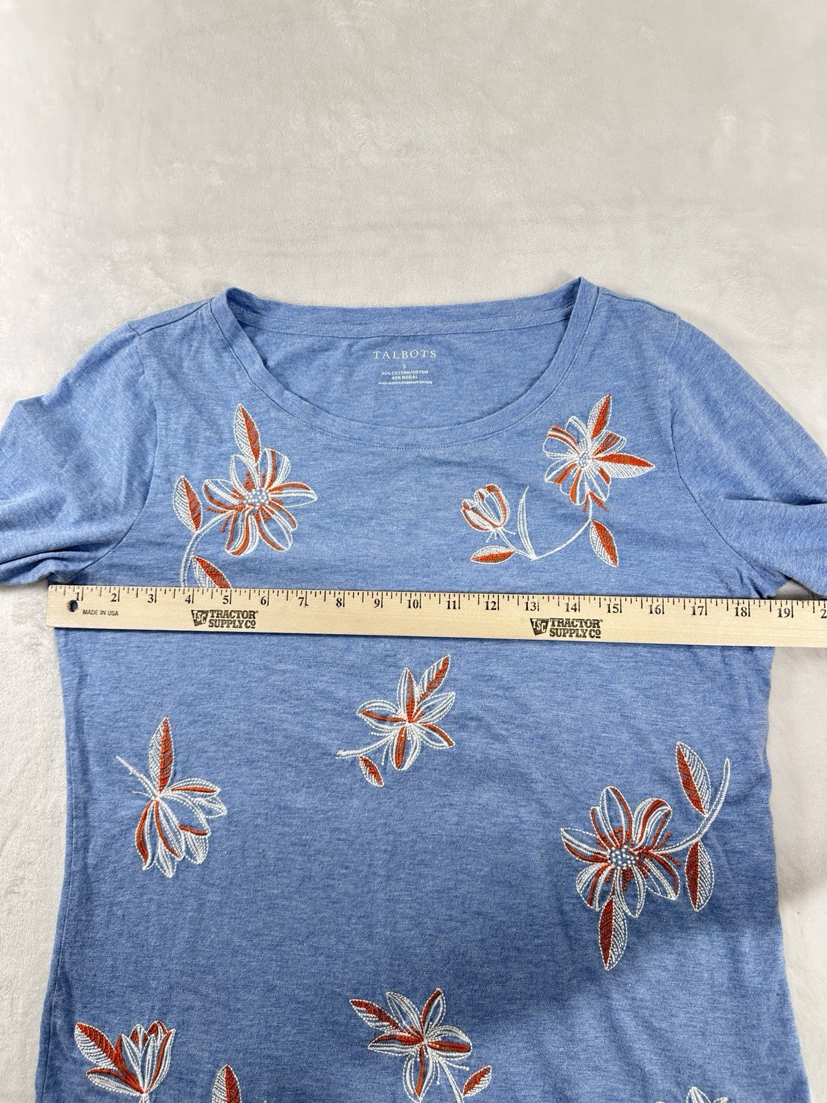 Talbots Small Top Cotton Modal Blue Embroidered Floral Print 3/4 Sleeve Womens