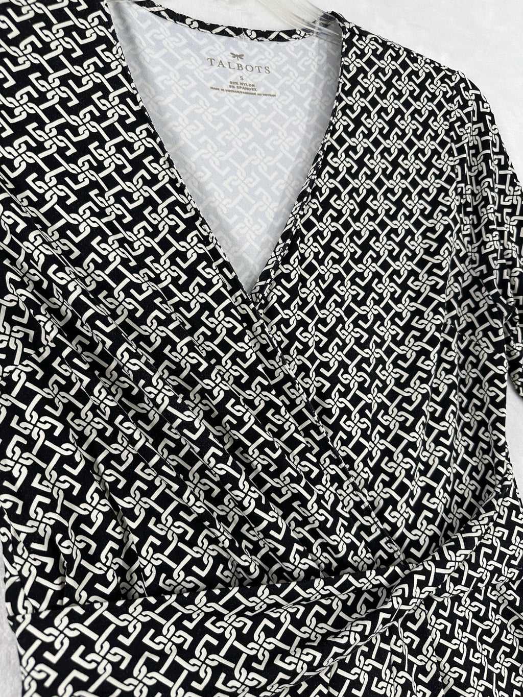 Talbots Dress Size Small Wrap Midi Black White Geo Print Stretch Knit Womens