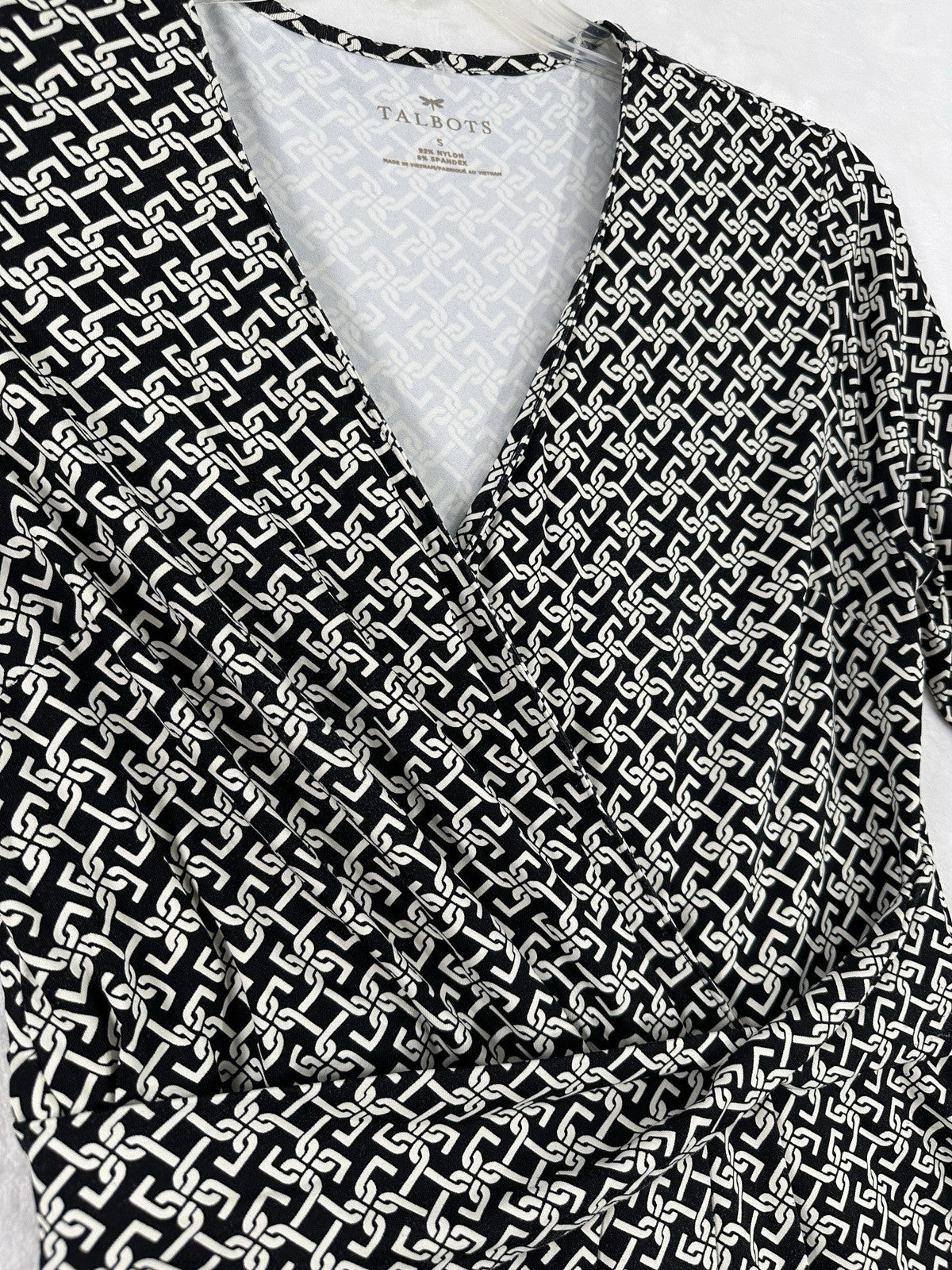 Talbots Dress Size Small Wrap Midi Black White Geo Print Stretch Knit Womens