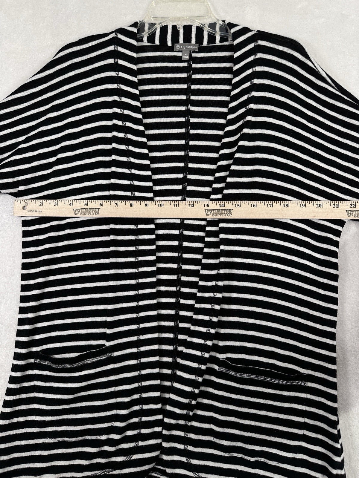 T By Talbots Medium Knit Cardigan Sweater Black White Striped Long Womens
